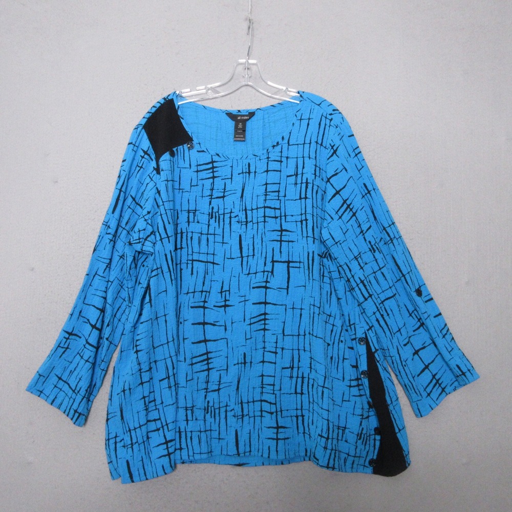 Ali Miles Top Tunic Plus 2X Blue Black Abstract Crinkle Artsy Roll‎ Tab Sleeve